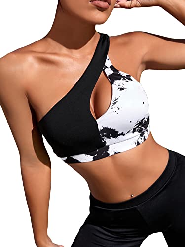 Floerns Women's Sports Bra Cut Out One Shoulder Colorblock Yoga Running Bralette Black And White L #TOP15