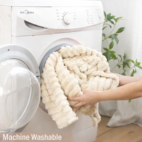 Image of WONJU Ultra Plush Mink Blanket | Soft Warm Fleece Blanket for Double Bed | Luxury Winter Blanket for Bed, Sofa, Couch & Travel | Machine Washable (Cream)