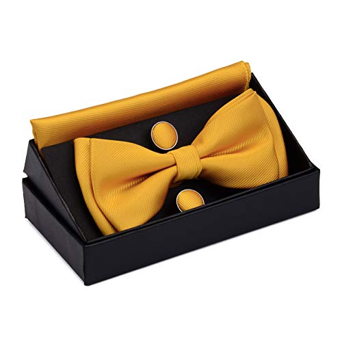 Image of GUSLESON Mens Solid Color Two Layer Pre-tied Bow Tie and Pocket Square Cufflink Set with Gift Box