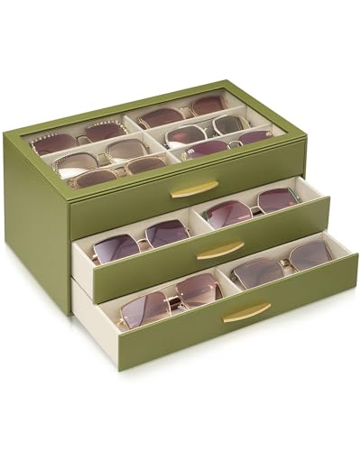 Lolalet 18 Slots Women’s Sunglasses Organizer with Enlarged Compartment, 3-Layer Eyewear Storage Box with Drawer, Glasses Case Display Holder with Clear Top Lid for Eyeglass Collection -SageGreen