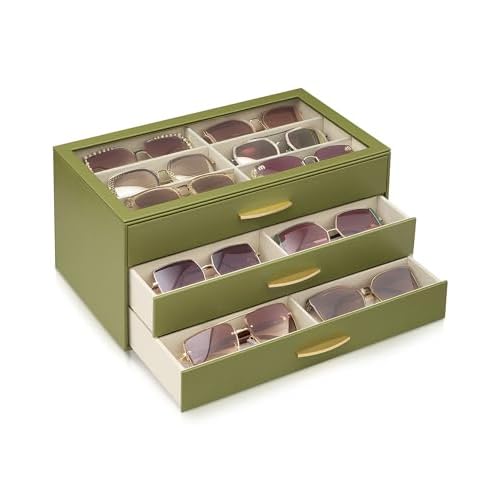 Lolalet 18 Slots Women’s Sunglasses Organizer with Enlarged Compartment, 3-Layer Eyewear Storage Box with Drawer, Glasses Case Display Holder with C
