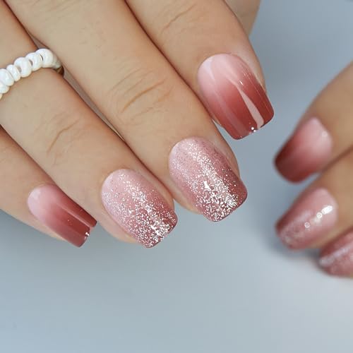 Image of Curvlife Soft Gel Press on Nails Acrylic Short Square Fake Nails with Design Full Cover False Nails for Women Reusable Nail Kit (Misty Pink, 30pcs)