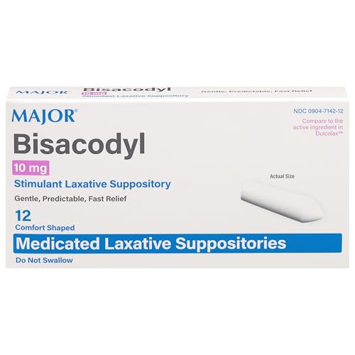 Major Bisacodyl 10 mg - Stimulant Laxative Suppository - Gentle Predictable Fast Relief - 12 Comfort-Shaped Medicated Laxative Suppositories