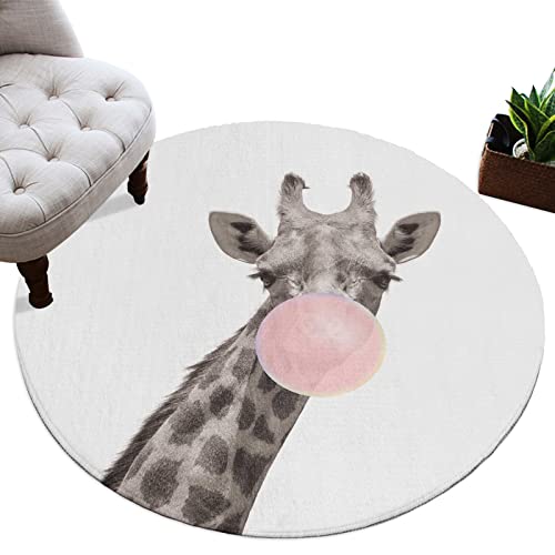 Erxpood Soft Shag Round Area Rug Funny Giraffe With Pink Bobble Animals Print White Shaggy Plush Circular Mat For Bedroom/Living Room/Nursery 5Feet #TOP1