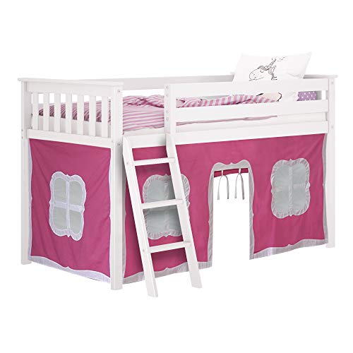 Max & Lily Low Loft Bed, Twin Bed Frame For Kids With Stairs And Slide, White & Cotton Underbed Curtains, Pink & White #TOP5