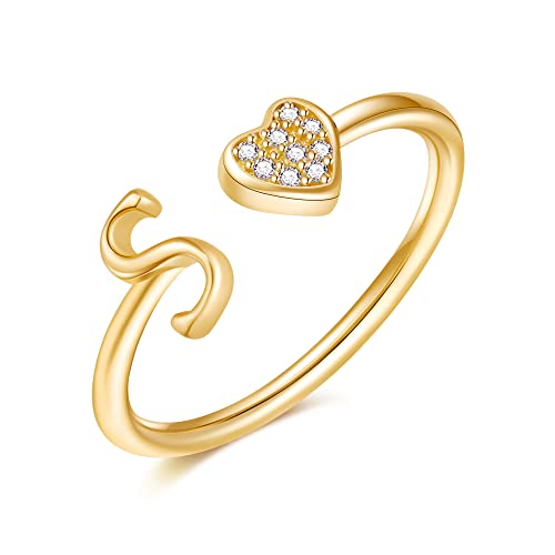 Image of Initial Rings for Teen Girls - S925 Heart Sterling Silver Rings for Teen Girls | 14K Gold /Rose Gold /Sterling Silver Plated Ring for Girls Kids Women Ring for Teenager Girls Gifts Adjustable, No Tarnish, Hypoallergenic