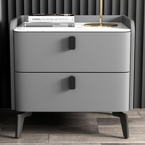 Homary Table de Chevet en Cuir à 2 Tiroirs Dessus en Pierre Frittée Étanche, Petit Meuble de Rangement pour Chambre Adulte Table de Nuit Élégante (Gris)