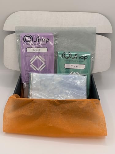 Image of VolcanoStitching Q-Snap 6x6 & 8x8 Frame Set, 16ct Hand-Dyed Aida Fabric | Q-Snap plastic frame duo (6x6in & 8x8in) for portable cross stitch & embroidery; includes hand-dyed 16-count Aida fabric.