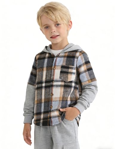 Image of 2Pcs Boys Clothes Sweatsuit Set Hoodie Flannel Plaid Shirt and Jogger Pants for Kids Fall Winter Spring Outfits