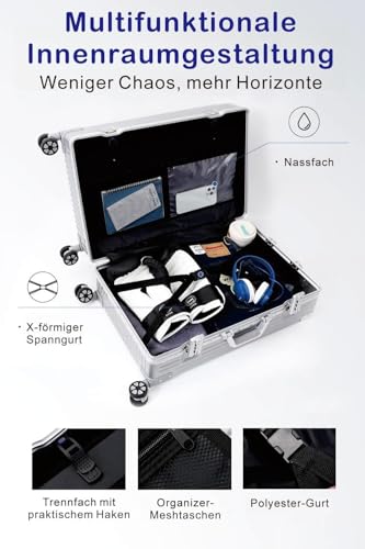 yuweijie Handgepäck Koffer&Trolleys Alurahmen Hartschalen in 100% Polycarbonat,Reisekoffer mit 4 Rollen,Größ Koffer,TSA-Schloss (S, Silber, 55cm, 35L)