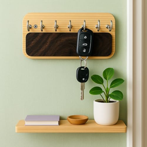 Image of 'Bright' Wooden Key Holder for Home Stylish Decor(7hooks) Real Wood. Key Hangers for wall Key Holder Stand Key Stand for wall Keychain Holder for wall