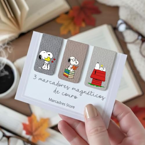 Kit com 3 Marcadores de Página Magnéticos de Couro Ecológico – Tema Snoopy | Estilo Fofo e Clássico