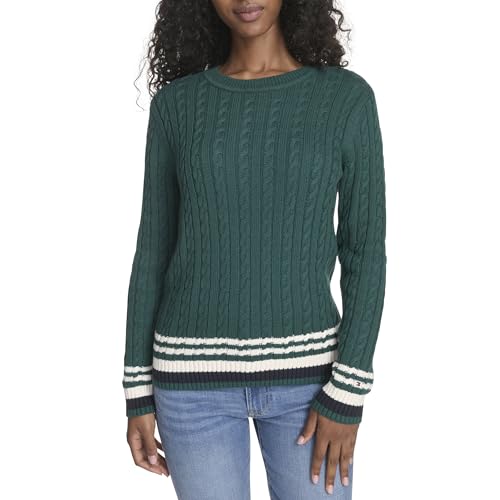 Tommy Hilfiger Women's Cotton Crewneck Cable Sweater Pullover, Forest Multi, L