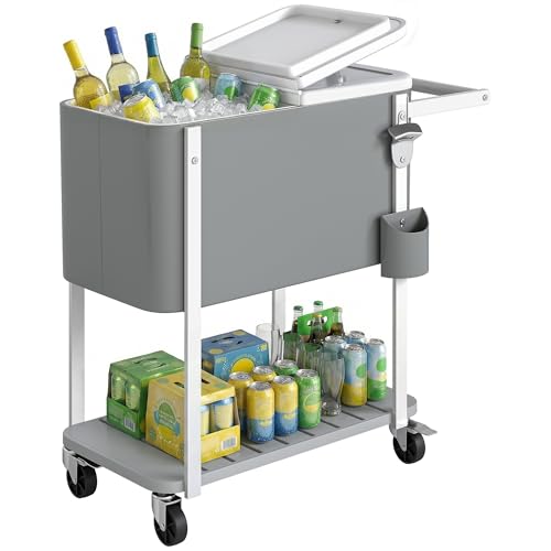 Outsunny Carrito Nevera de 56L con Ruedas, Carro de Bebidas con Estante, Abrebotellas, Recogetapas, Drenaje y Asa, Mesa Nevera Jardín Exterior para Patio, Fiesta, BBQ, 84x38x83 cm, Gris