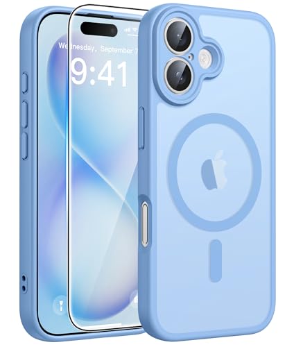 Image of FNTCASE for iPhone 16 Plus Case [Compatible with Magsafe] Translucent Matte Cases with [Screen Protector] Military Grade Shockproof Protective Phone Cover - Light Blue