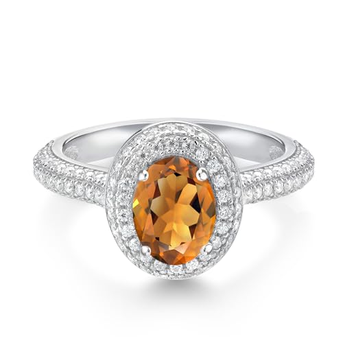 Gem Stone King 8X6MM Oval Gemstone Birthstone and White Moissanite Halo Engagement Ring | 925 Sterling Silver | Wedding Anniversary Promise Ring For Women | Available In Size 5, 6, 7, 8, 92