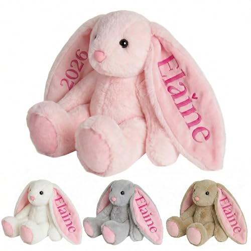 Customizedbee Personalized Bunny Stuffed Animal - Custom Name Embroidered Plush Rabbit, Soft Pink Plush Gift for Baby Girls, Newborn Shower, Birthday Gift for 1-5 Year Old Girl (Pink, 10/13/16 Inch)