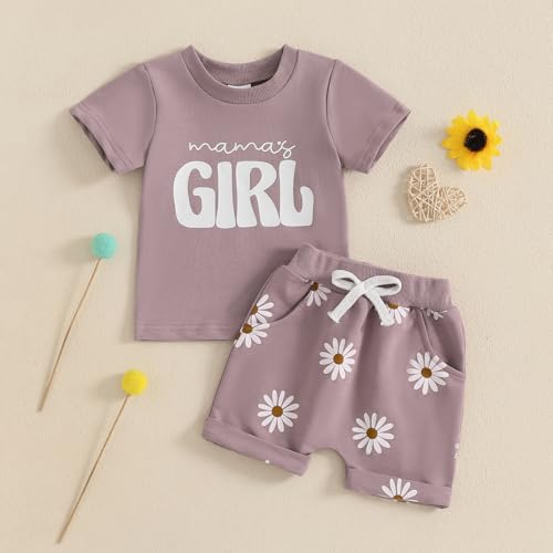 Mamas Girl Baby Girl Outfit Short Sleeve T-shirts Daisy Elastic Waist Shorts Set Summer Clothes2