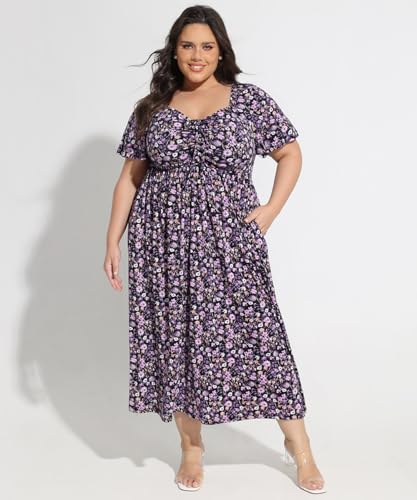Image of CARCOS Plus Size Dresses for Curvy Women Tie Sweetheart Neck Summer Maxi Dress Short Sleeve Empire Waist Floral Boho Dress