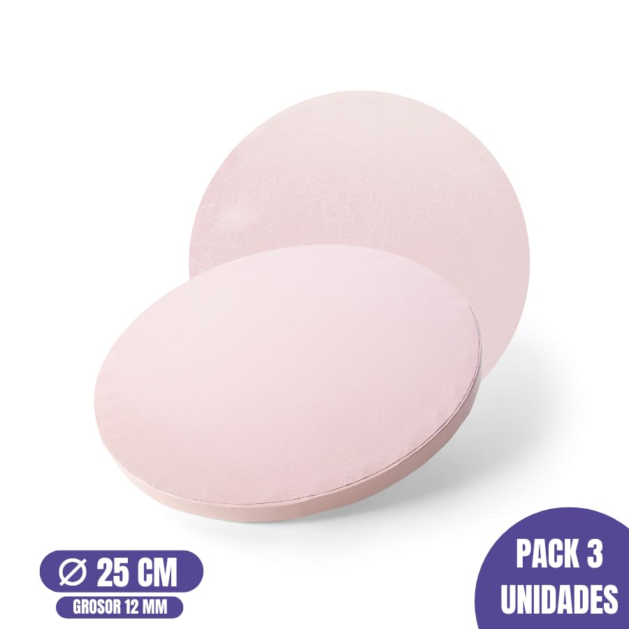 GLOTOMANIA - Base para Tarta Redonda - Calidad Profesional - Versátil y Fácil de Manejar - Pack de 3 Unidades - Superficie Liso y Brillante - 25 x 1.2 cm, Rosa