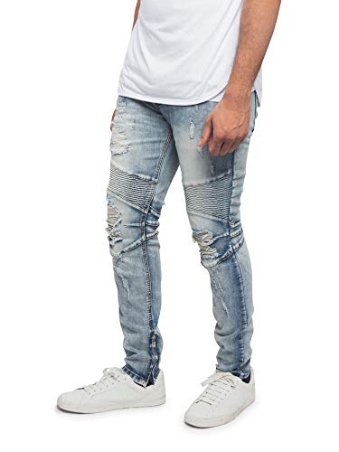 Victorious Men's Distressed Skinny Slim Fit Moto Biker Denim Jeans Dl1225 - Light Indigo - 34/32 - J8E #TOP2