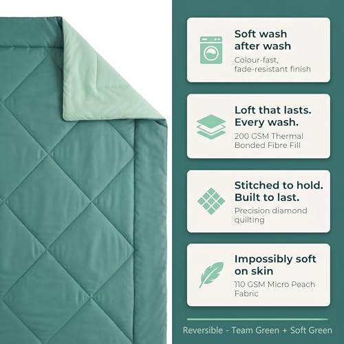 Image of Epicasa Reversible Comforter | 200 GSM Thermal Bonded Fill | 110 GSM Micro Peach Fabric | All Season AC Quilt | Diamond Quilted | Lightweight Duvet Blanket for Home Bedroom | Green & Mint