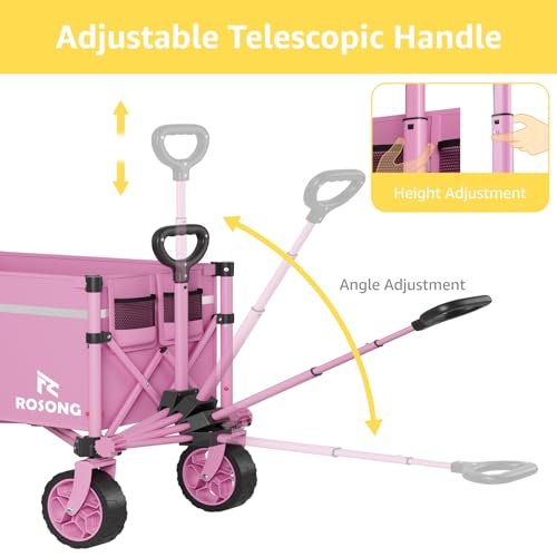 Image of ROSONG Collapsible Wagon Cart with Wheels Foldable - Folding Utility Heavy Duty Wagons Carts for Grocery Sports Garden Shopping Camping Wheelbarrows (Pink, 90L)