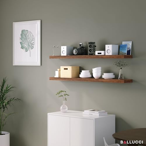 Ballucci Floating Shelves for Wall, 48\" Wood Wall Shelf Set of 2, with Invisible Brackets for Bathroom, Living Room, Bedroom, Kitchen, Nursery, 8\" Deep, Rustic Brown