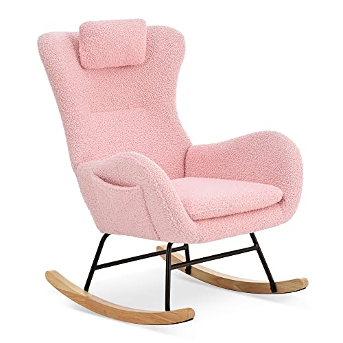 Image of Kvutx Rocking Chair Nursery Rocker Teddy Upholstered Reading Chairs Indoor with High Backrest Rocking Accent Chair, Padded Seat Nursing Chair with Headrest Baby Rocking Chair for Bed Room Baby Room