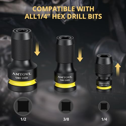 AMTOVL Impact to 1/4 Hex Converter - 1/2 3/8 1/4-INCH Drive Female to 1/4-Inch Hex Adapter with 3PCS Socket Adapter Set for Ratchet Wrench Drivers, Impact Bit Holders, Quick-Change Chuck - Thumbnail 3