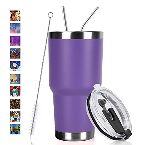 SYACOT Vaso de 30 onzas de doble pared de acero inoxidable aislado al vacío, taza de viaje con tapa a prueba de salpicaduras, pajita de metal y cepillo (30 onzas morado)
