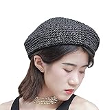 Straw Beret Solid Plain Flat Top Woven Berets Fashion French Style Painters Hat Cap, Black