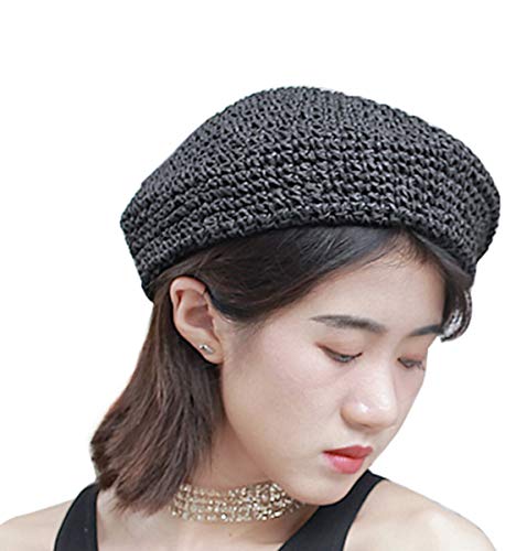 Straw Beret Solid Plain Flat Top Woven Berets Fashion French Style Painters Hat Cap, Black