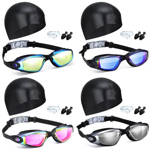 Poen 4 Set Swim Goggles and Caps for Adults Women with Nose Plug Earplug Waterproof Anti Fog Clear Stretchable Goggle Pack (Green Blue Pink Grey)