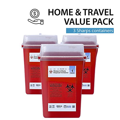 Sharps Container, Sharps Containers For Home Use, Needle Disposal Containers, Sharps Disposal Container, Biohazard Containers, Small Sharps Container - 1 Quart - 3 Pack #TOP3