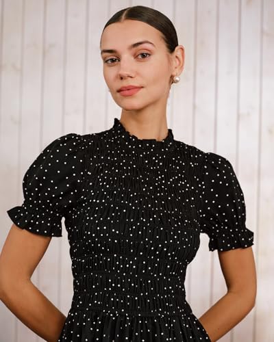 Image of RIHOAS Plaid Gingham Midi Dress Short Sleeve Smocked Dresses for Women | Cotton,Ruffle Puff Sleeves,Vintage Brown,Spring Summer Casual Daily,Picnic,Travel,Vacation,Christmas Festive Occasions