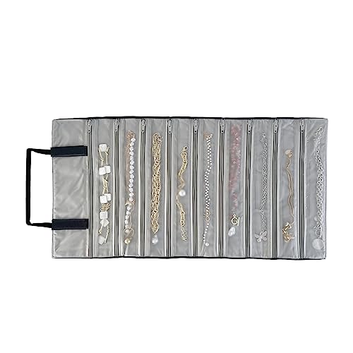 UnionPlus Velvet Travel Jewelry Case Roll Bag Organizer for Necklace, 9 Zipped Grids, Black and Grey, Upgraded with Removable Hanger