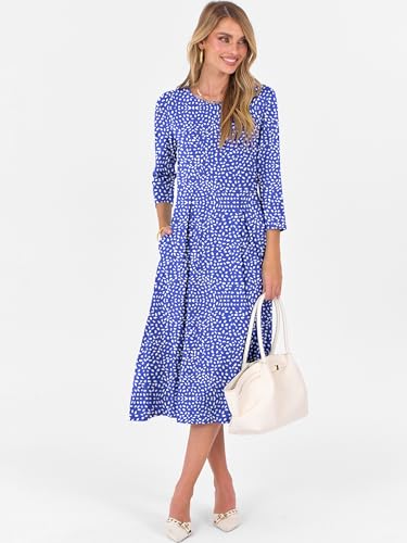 Prinbara Women's 3/4 Sleeve Midi Dresses 2025 Fall Casual Boho A-Line Flowy Swing Summer Floral T Shirt Dress with Pockets3