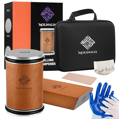Molinalia Rolling Knife Sharpener Kit for Kitchen - Multi Angle Tool with Magnetic Angle Guide (15°/20°) Diamond & Ceramic Discs, Knife Sharpening Kit having Finger Guard, Gloves & Travel Bag by MOLINALIA - Used condition - US$21.27