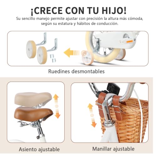 Miniatura 3 de Glerc 14 Pulgadas Niños Niñas Bicicleta Para 3 4 5 Años Niñas Retro Estilo Vintage Bicicletas Con Cesta Ruedas De Entrenamiento Y Campana, Blanco