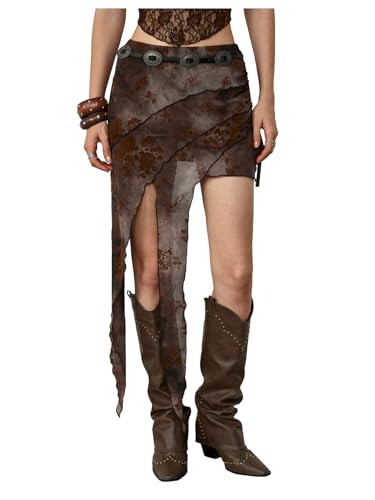 Verdusa Womens Western Skirt Boho Asymmetrical Skirts Cowgirls Mesh Vintage Floral Embroidery Drawstring Mini Shorts Brown Large