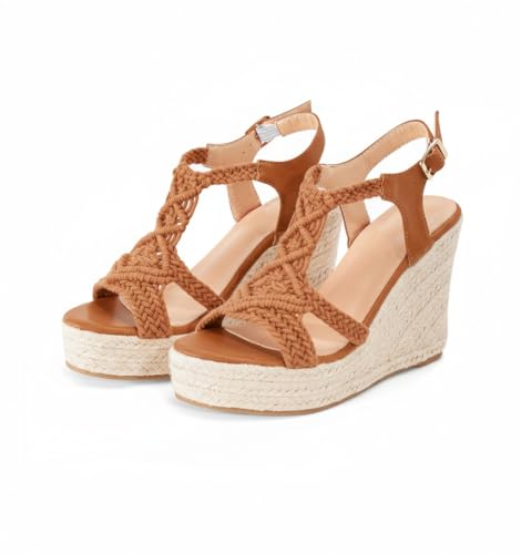 Image of Women's Woven Espadrille Wedge Sandals Bohemian Braided Open Toe Summer Shoes with Adjustable Strap 3.9 inch Platform Heel for Wide Feet, Comfortable Walking