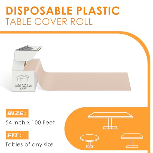 Image of tujol Beige Disposable Plastic Table Cloth Roll 54 inch X 100', Plastic Table Cover with Cutter Box, Cut to Size Disposable Tablecloth for Parties