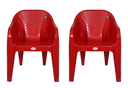 Image of PETALS Plastic Chairs Set of 2 Without Cushion | Arm Chair for Drawing /Living Room | Armchairs for Home /Office /Garden /Indoor & Outdoor | Cap Upto 150 Kgs | Red, 2 Pcs, Bravo | 3 Years Warranty
