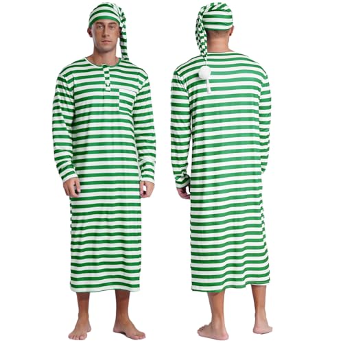 Men's Long Sleeve Striped Nightshirt Sleeping Cap with Pom-pom 2Pcs Pajama Sets Nightwear3