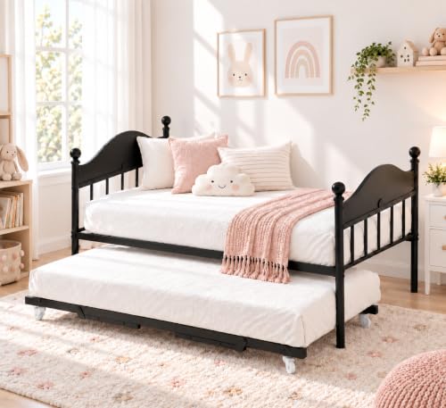 Garvee Daybed with Pop Up Trundle, Twin Trundle Beds for Guest Room, Black