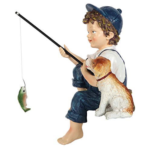 Lily's Home Fishing Little Boy With Dog. Mini Outdoor Yard Figurine 11 Inch #TOP2