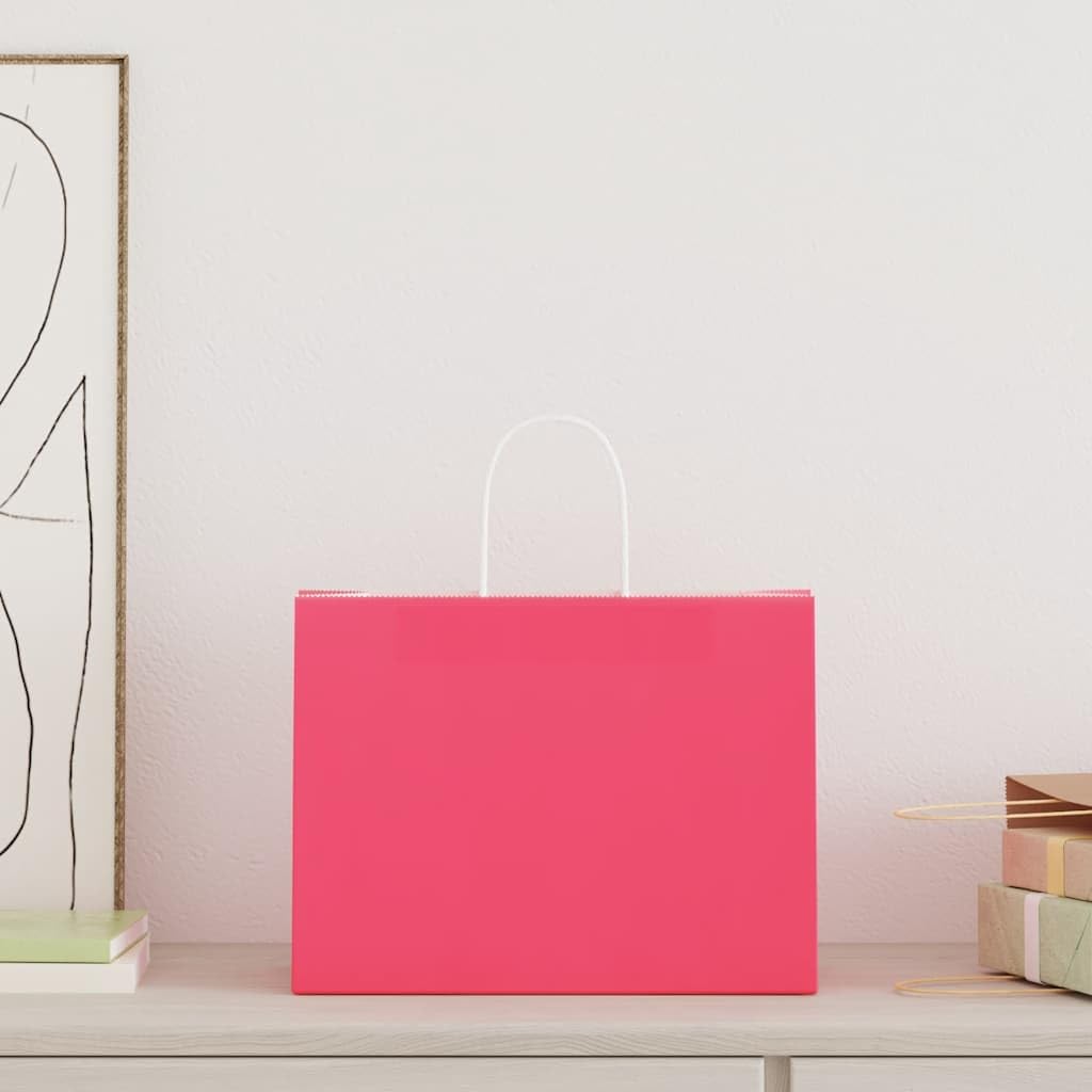 250 bolsas de papel rosa 32 x 17 x 25 cm con asas, bolsas de regalo estables de papel kraft para compras y llevar