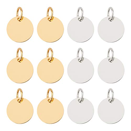 SUPERFINDINGS 100pcs Colgantes Redondos Planos Estampado Etiqueta En Blanco Dorado Y Plateado Estampado Latón Etiquetas En Blanco Hacer Joyas 12x0.25mm Anillo Salto 4mm Cover