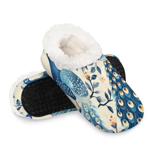 KOBLEN Peacock Branch Slippers for Women House Shoes with Fleece Lining Wide Comfy Full Slippers Lightweight Cozy Loafer with Rubber Sole Unisex Slippers Adults for Indoor Outdoor